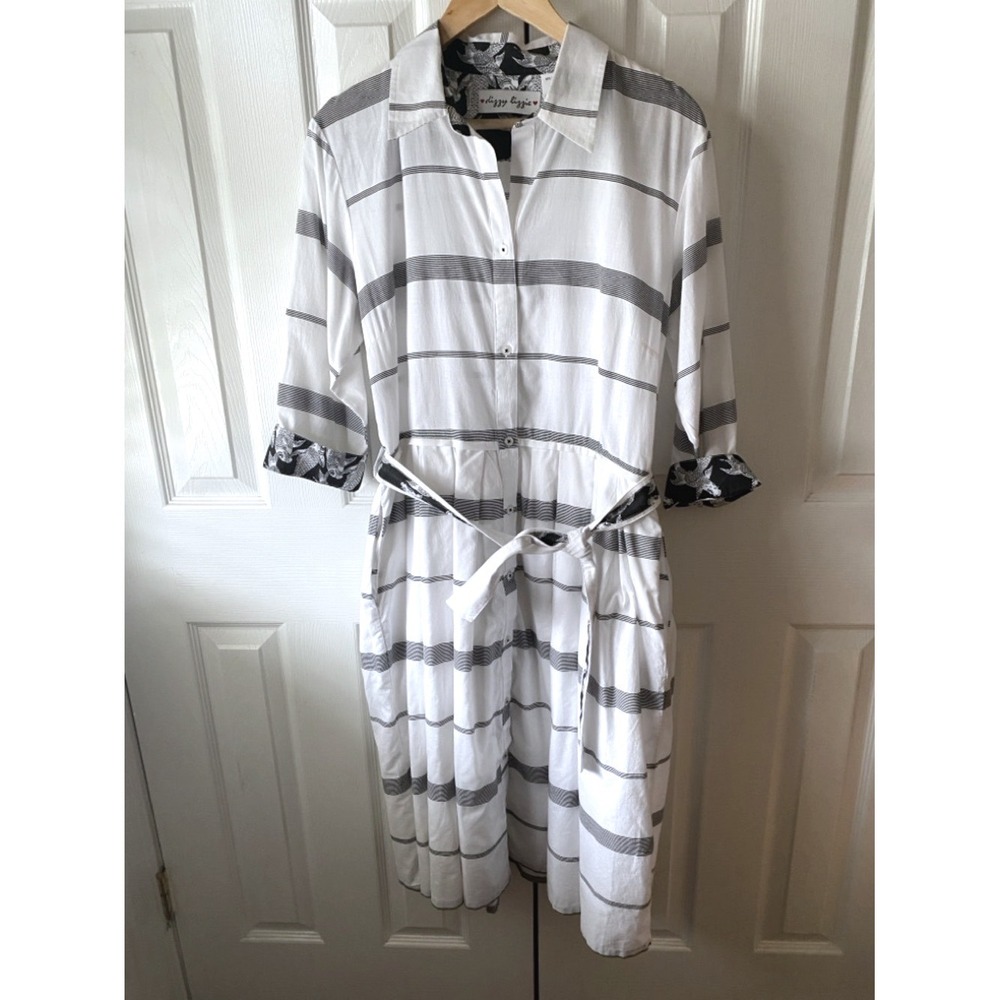 dizzie lizzie Mrs. Maisel White & Black Striped Koi Cotton Retro Shirt Dress  XL